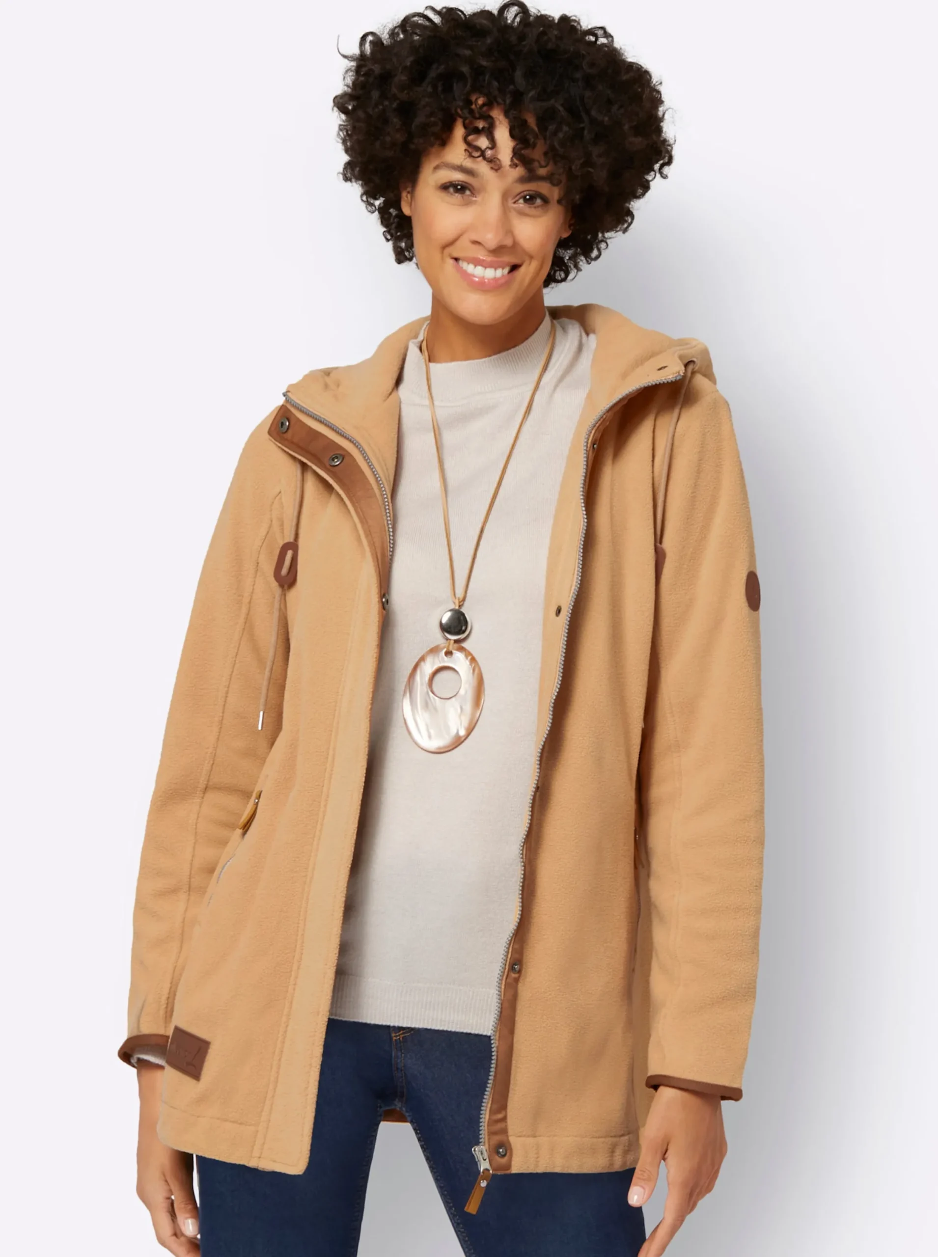 Jacken| Kapuzenfleecejacke mit verdecktem Reißverschluss camel