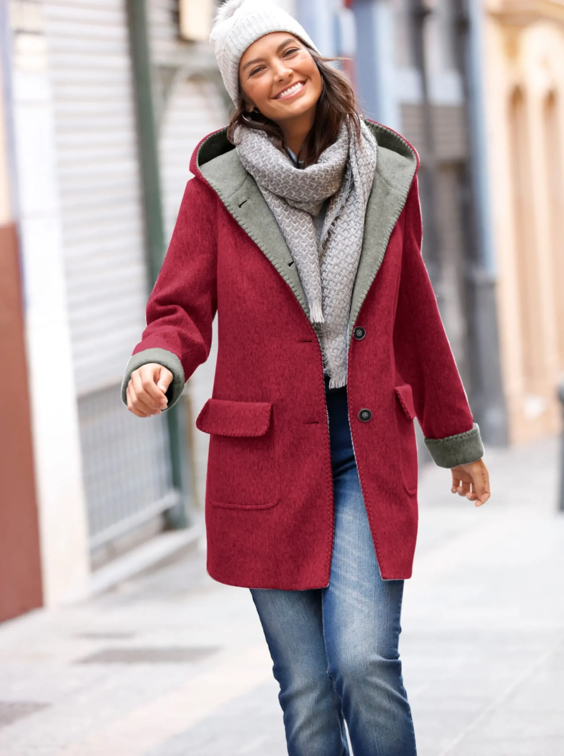 Jacken| Kapuzenjacke in Woll-Optik kirsche
