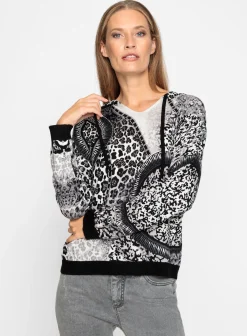 Pullover|heine Kapuzenpullover mit Glitzersteinchen ecru-schwarz-bedruckt