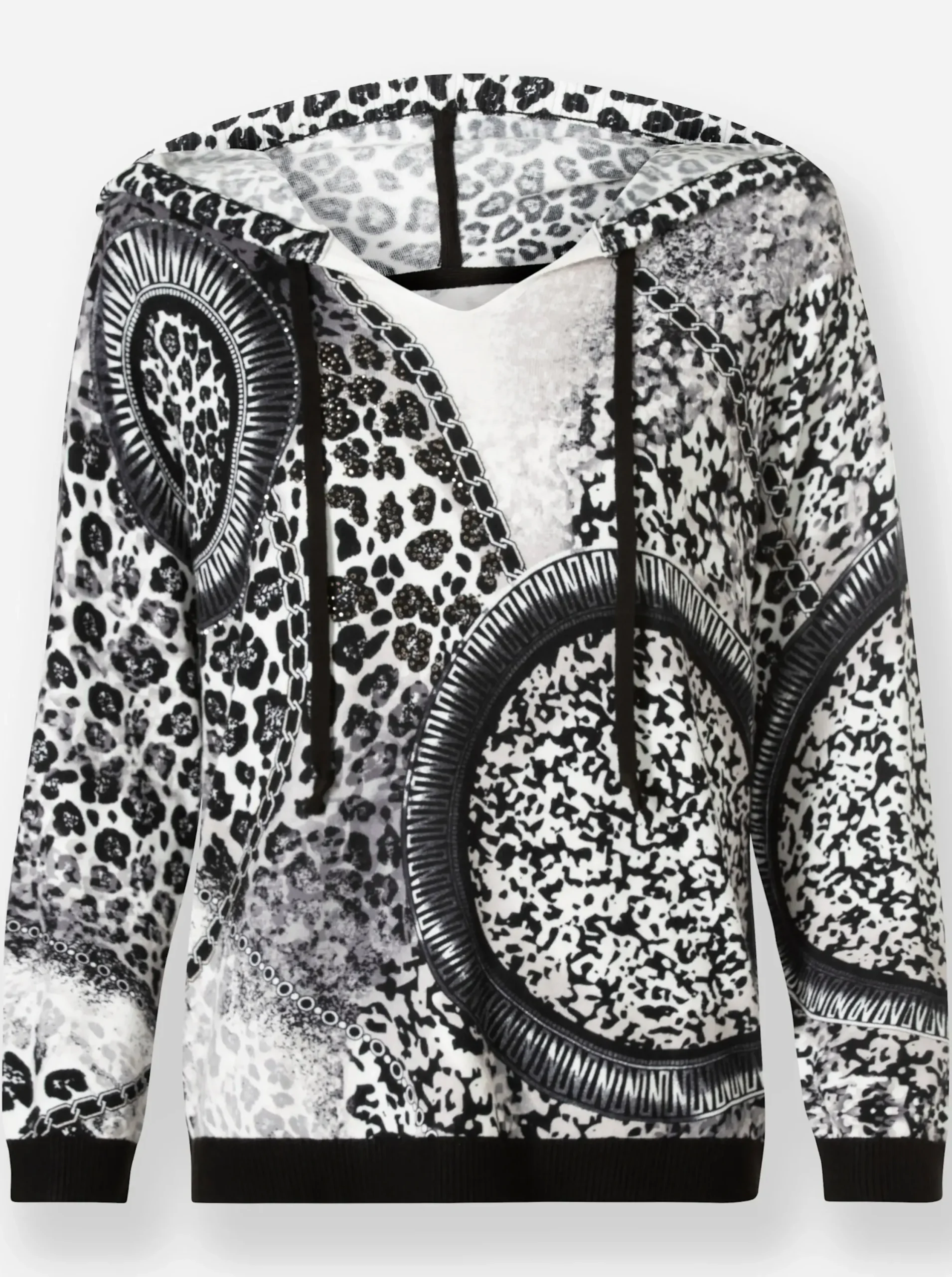 Pullover|heine Kapuzenpullover mit Glitzersteinchen ecru-schwarz-bedruckt