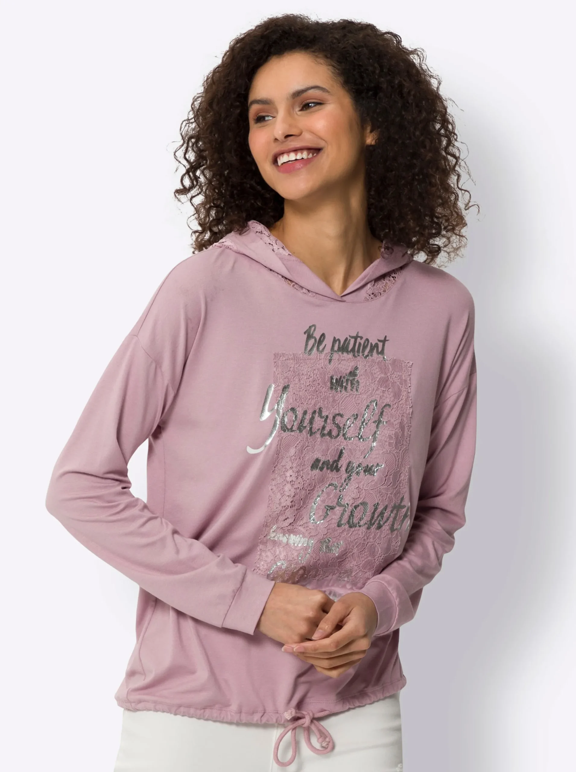 Shirts|heine Kapuzenshirt mit Spitze mauve