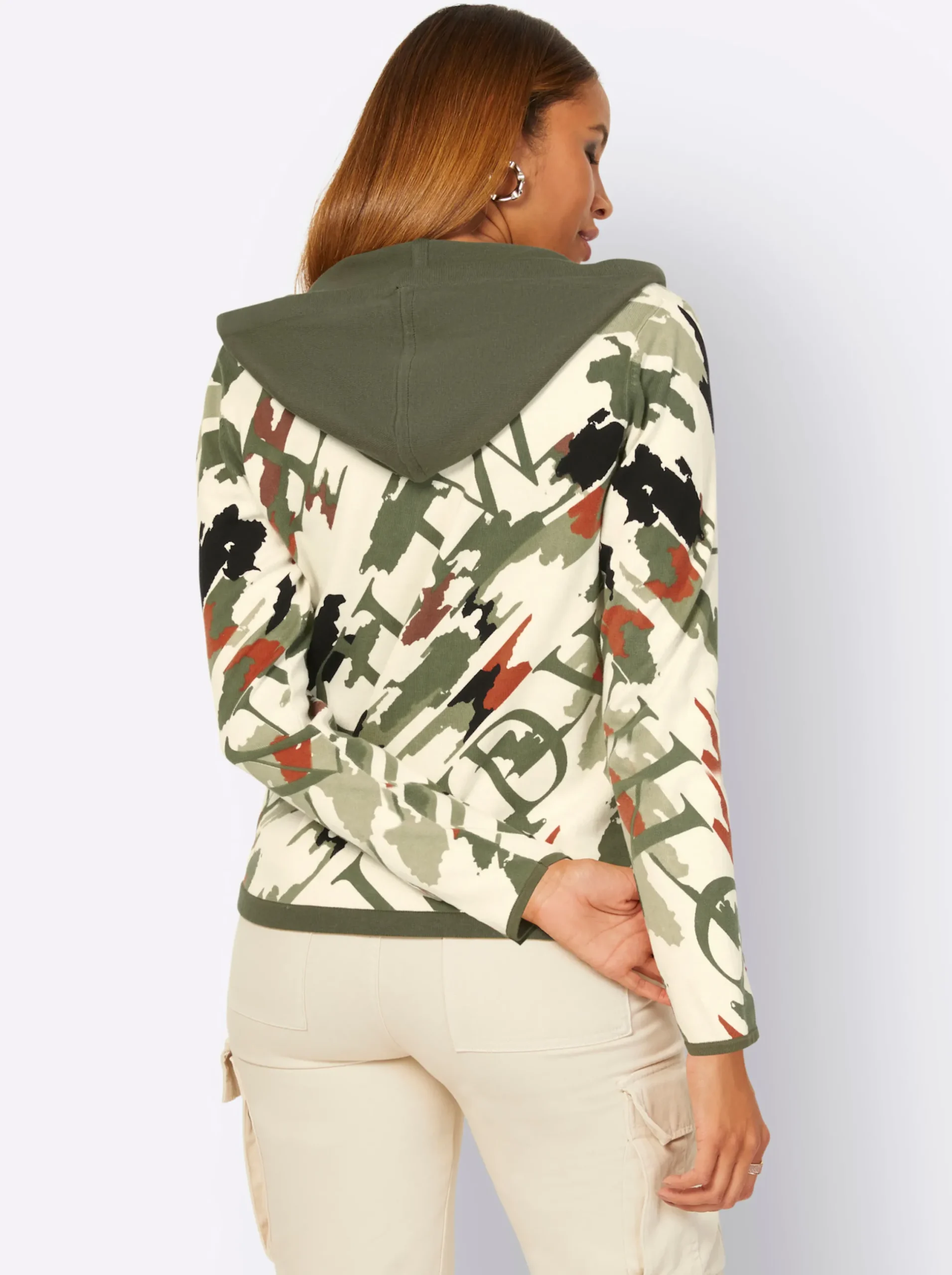 Strickjacken| Kapuzenstrickjacke champagner-khaki-bedruckt