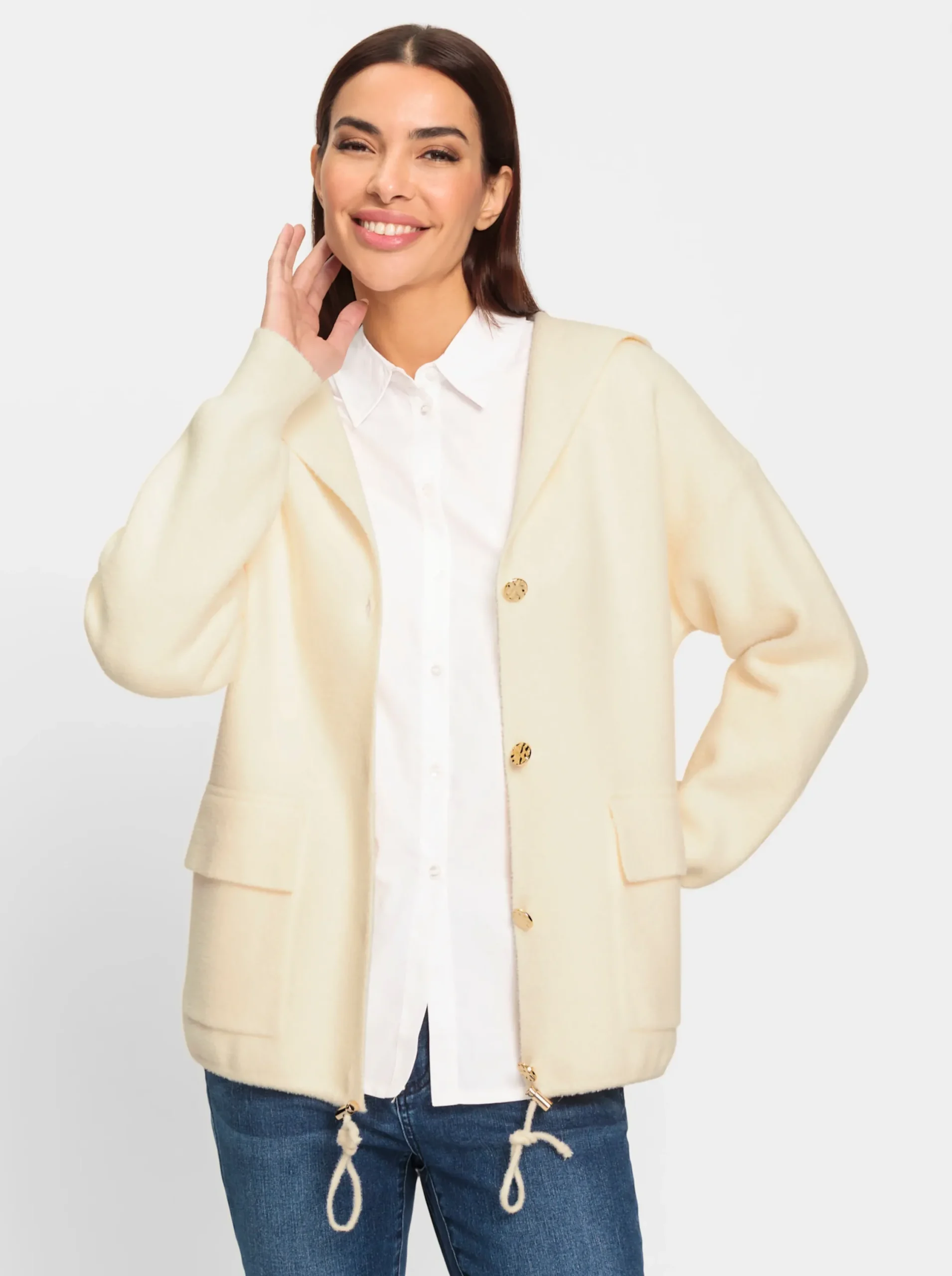 Strickjacken|heine Kapuzenstrickjacke mit Schmuckknöpfen champagner