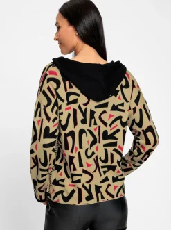 Strickjacken|heine Kapuzenstrickjacke mit verdeckter Druckknopfleiste sand-schwarz-bedruckt
