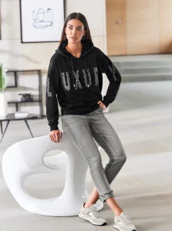 Pullover|heine Kapuzensweatshirt mit Effektgarn-Schriftzug schwarz