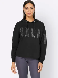 Pullover|heine Kapuzensweatshirt mit Effektgarn-Schriftzug schwarz