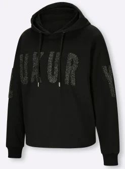 Pullover|heine Kapuzensweatshirt mit Effektgarn-Schriftzug schwarz