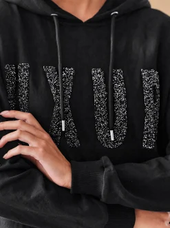 Pullover|heine Kapuzensweatshirt mit Effektgarn-Schriftzug schwarz