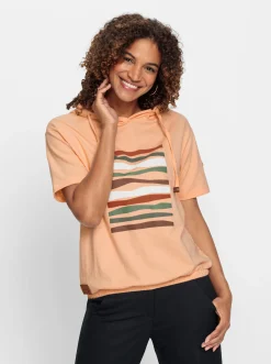 Pullover|Shirts| Kapuzensweatshirt mit elastischem Saum apricot-ecru-bedruckt