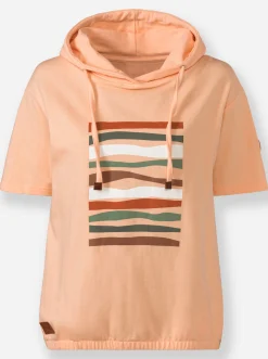 Pullover|Shirts| Kapuzensweatshirt mit elastischem Saum apricot-ecru-bedruckt