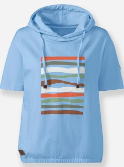 Pullover|Shirts| Kapuzensweatshirt mit elastischem Saum eisblau-ecru-bedruckt