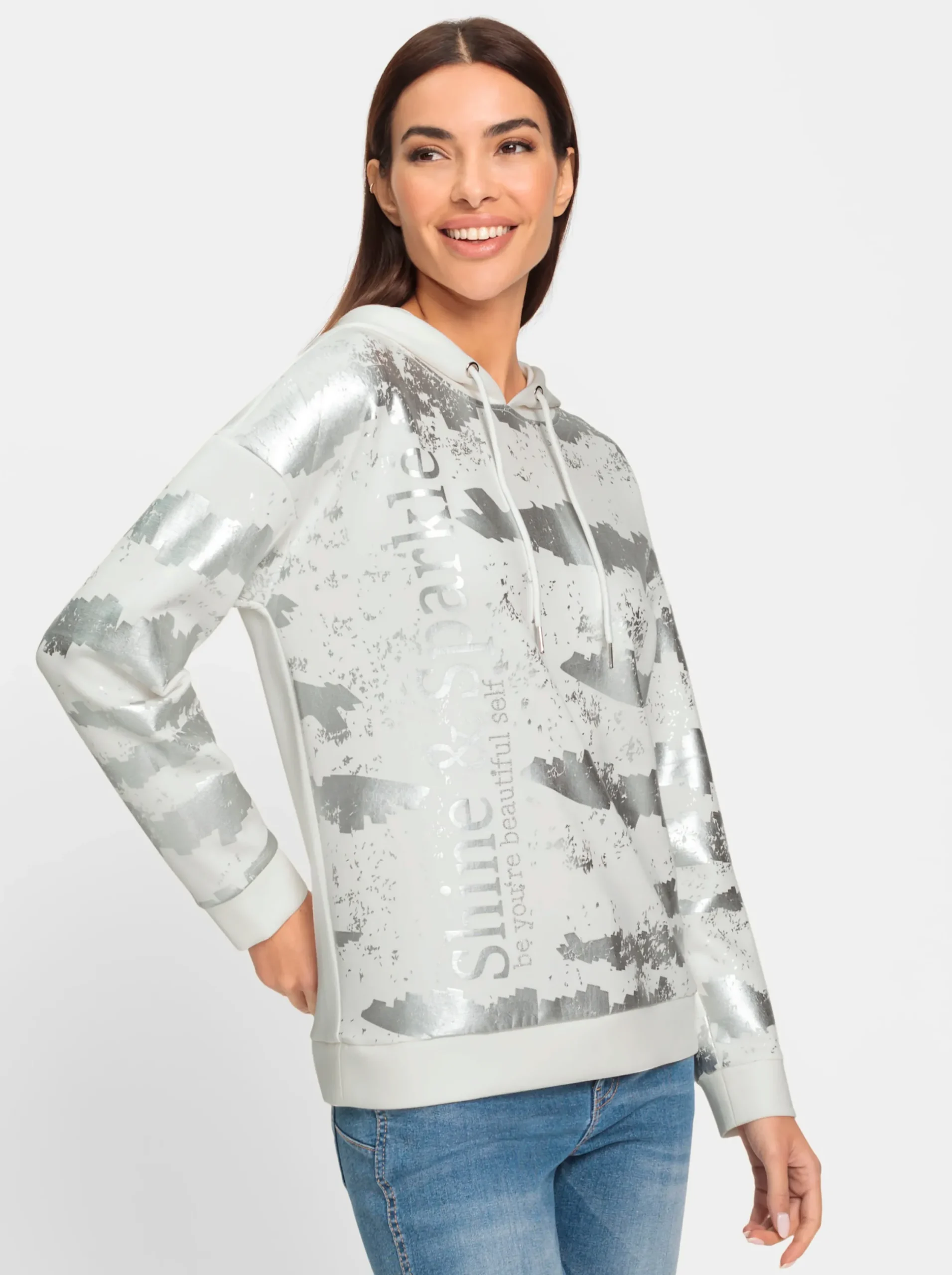 Pullover|Shirts|heine Kapuzensweatshirt mit Foliendruck ecru