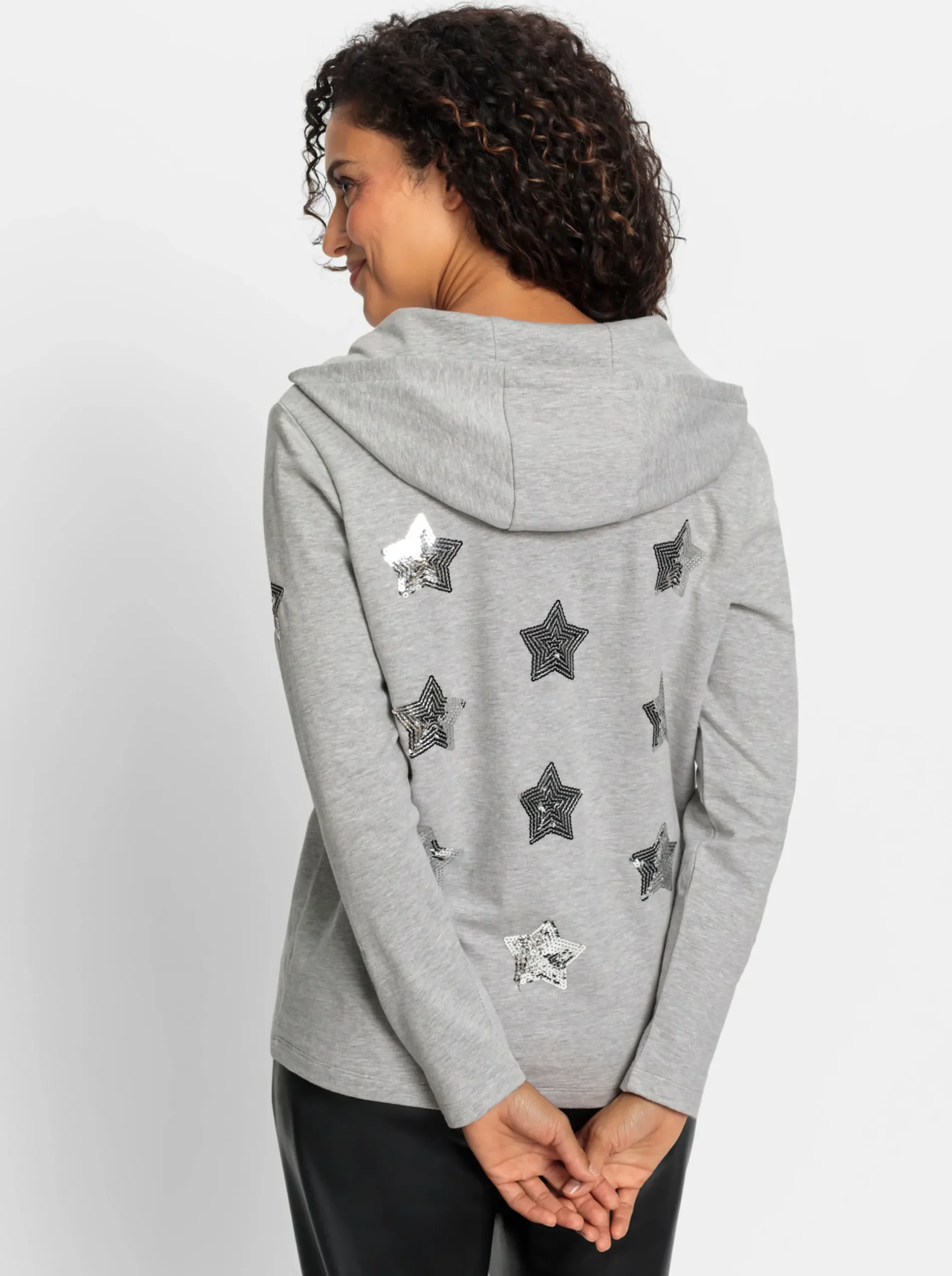 Pullover| Kapuzensweatshirt mit Pailletten-Sternen hellgrau-silberfarben-gemustert