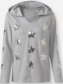 Pullover| Kapuzensweatshirt mit Pailletten-Sternen hellgrau-silberfarben-gemustert