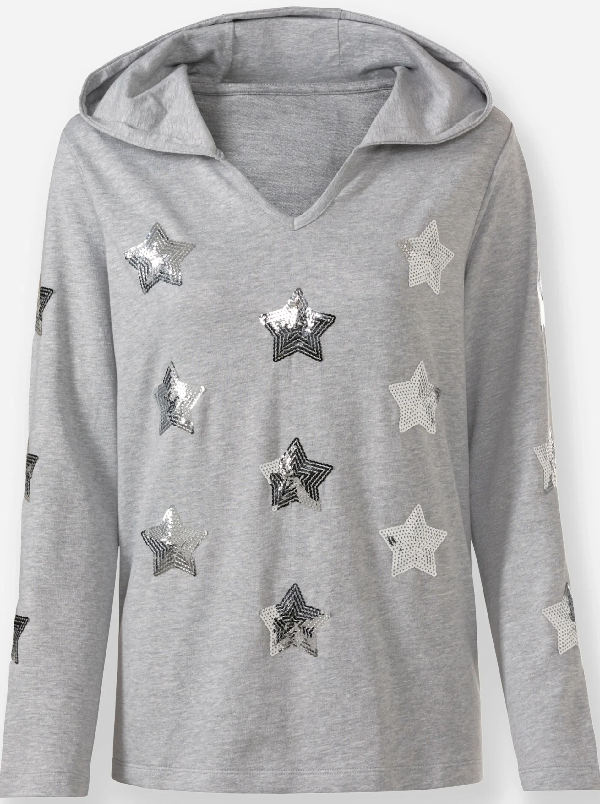 Pullover| Kapuzensweatshirt mit Pailletten-Sternen hellgrau-silberfarben-gemustert