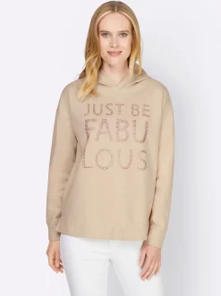 Pullover|heine Kapuzensweatshirt mit Schriftzug und Glitzersteinchen sand