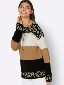 Pullover| Kaschmirpullover schwarz-sand-gestreift