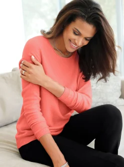 Basics|Pullover| Kaschmirpullover mit Rollkanten koralle-meliert