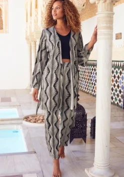 Nachtwäsche|LASCANA Kimono schwarz-weißbedruckt