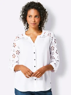 Blusen|CREATION L PREMIUM Klassische Bluse mit attraktiver Lochstickerei weiß