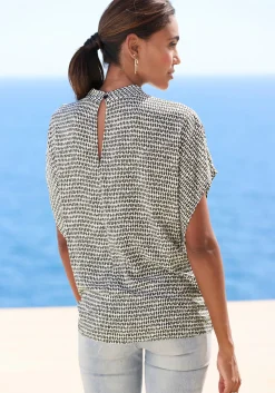 Blusen|LASCANA Kurzarmbluse creme-schwarzbedruckt
