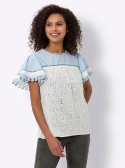 Blusen|heine Kurzarm-Bluse mit Lochspitze ecru-hellblau