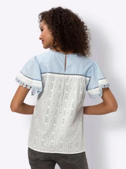 Blusen|heine Kurzarm-Bluse mit Lochspitze ecru-hellblau