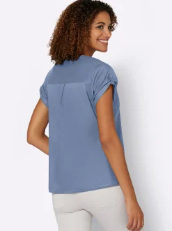 Strandmode|Blusen| Kurzarmbluse mit Rückenfalte blue-stone-washed
