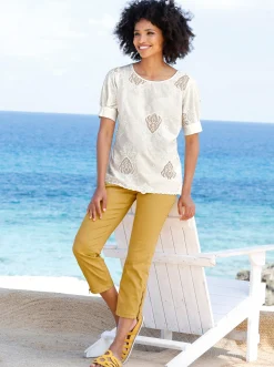 Blusen|heine Kurzarm-Bluse mit transparenten Einsätzen champagner