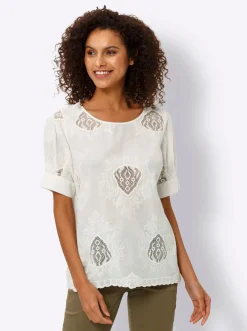 Blusen|heine Kurzarm-Bluse mit transparenten Einsätzen champagner