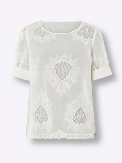 Blusen|heine Kurzarm-Bluse mit transparenten Einsätzen champagner