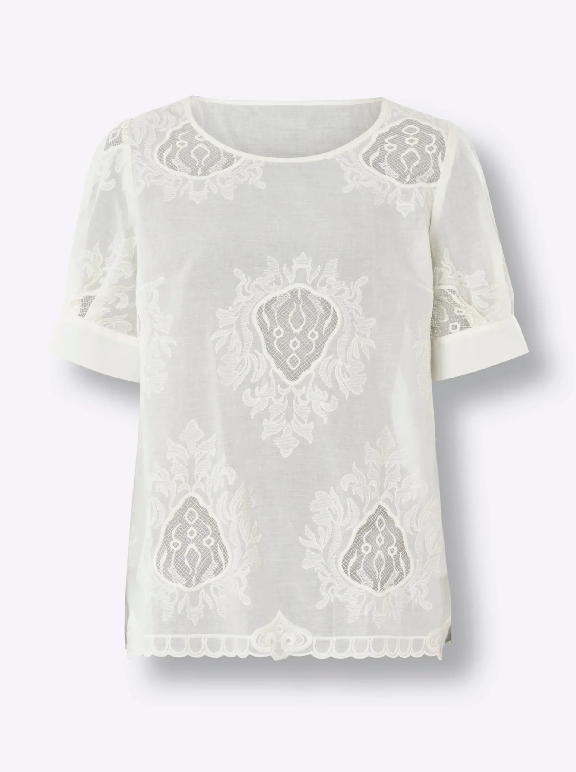 Blusen|heine Kurzarm-Bluse mit transparenten Einsätzen champagner