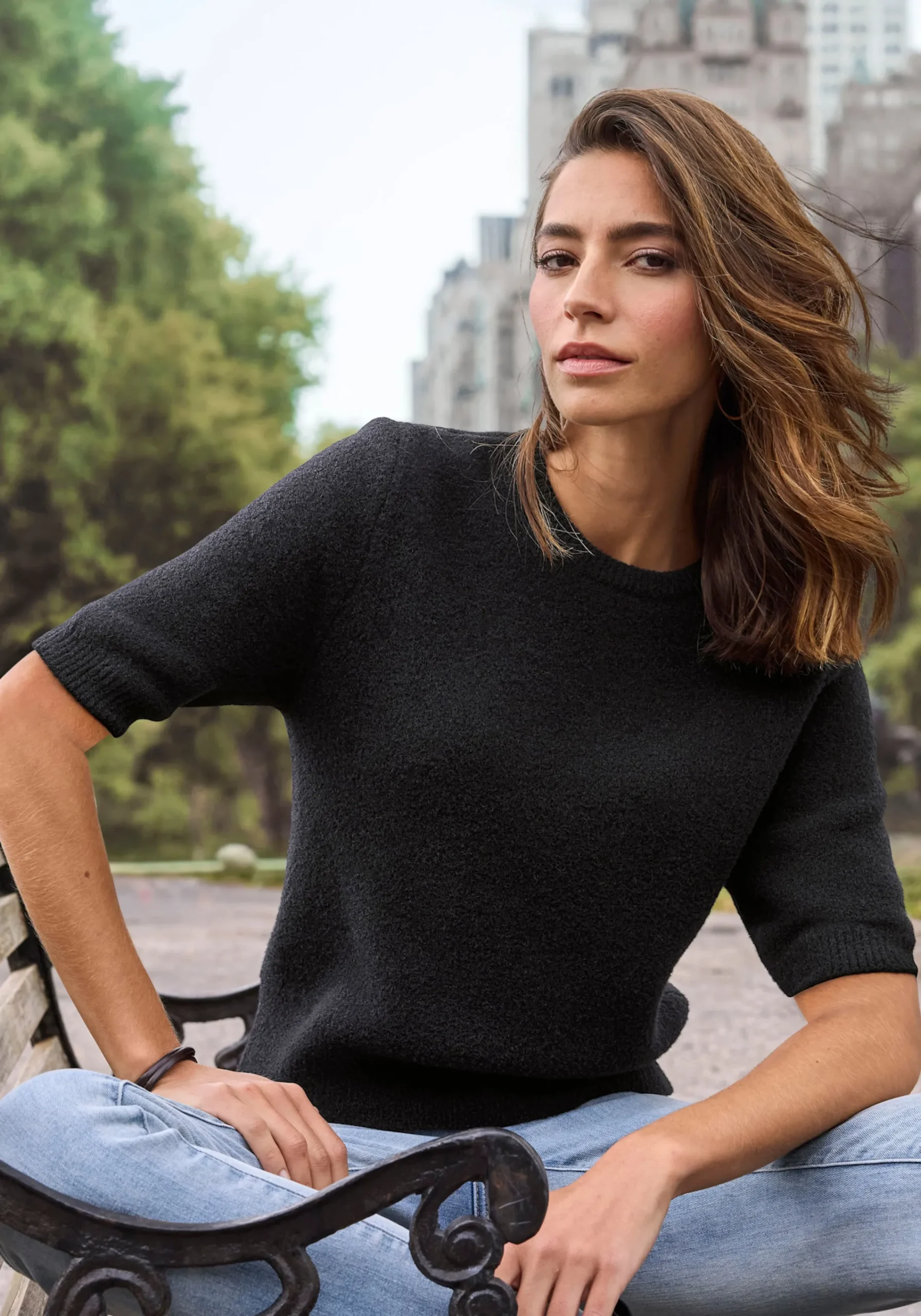 Pullover|LASCANA Kurzarmpullover schwarz