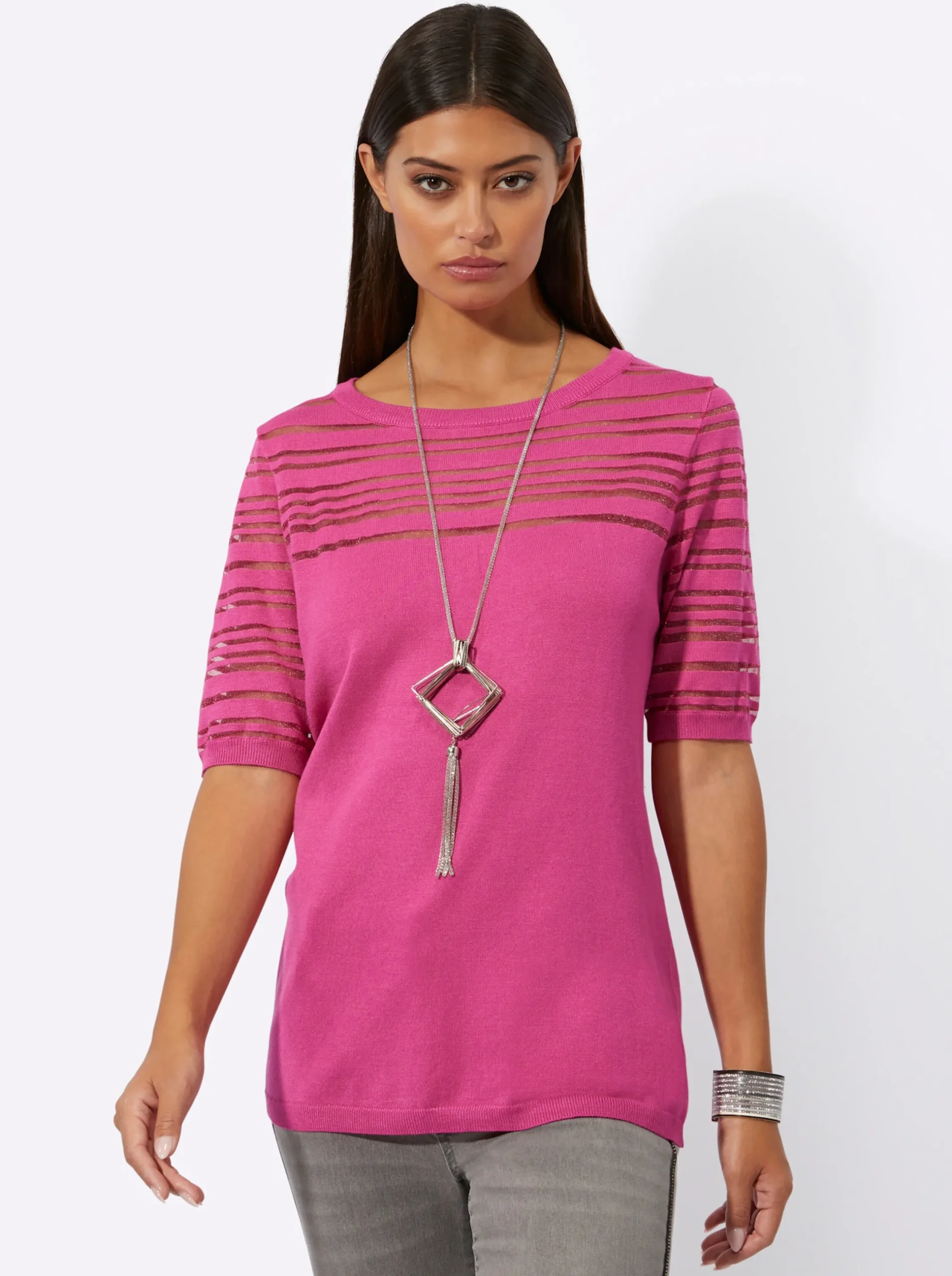 Pullover| Kurzarmpullover in luftiger Lyocell-Mix-Qualität fuchsia