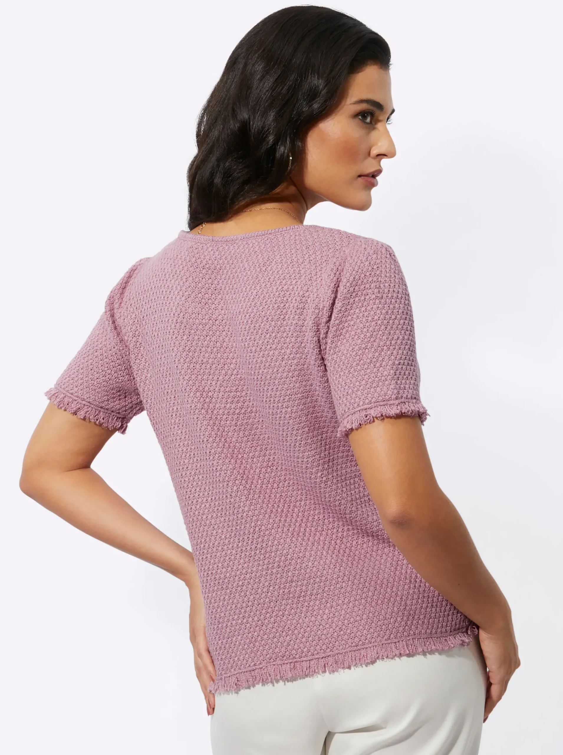 Pullover| Kurzarmpullover mit Fransen mauve