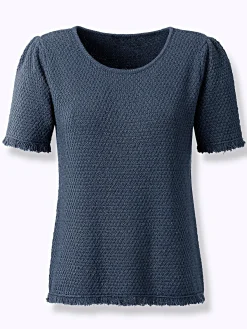 Pullover| Kurzarmpullover mit Fransen dunkelblau