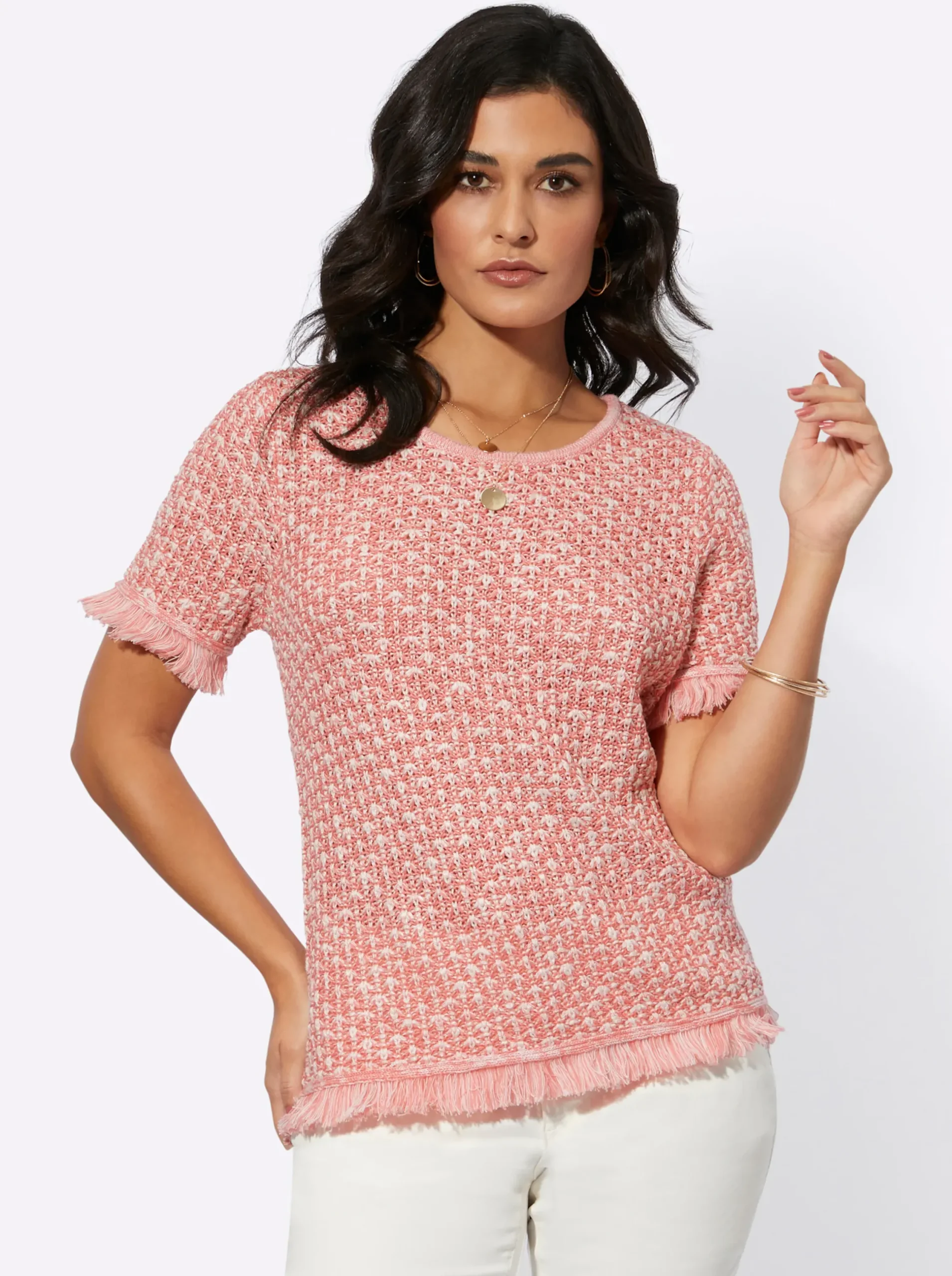 Pullover| Kurzarmpullover mit Fransenabschluss flamingo-ecru-gemustert