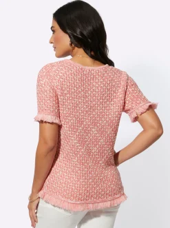 Pullover| Kurzarmpullover mit Fransenabschluss flamingo-ecru-gemustert