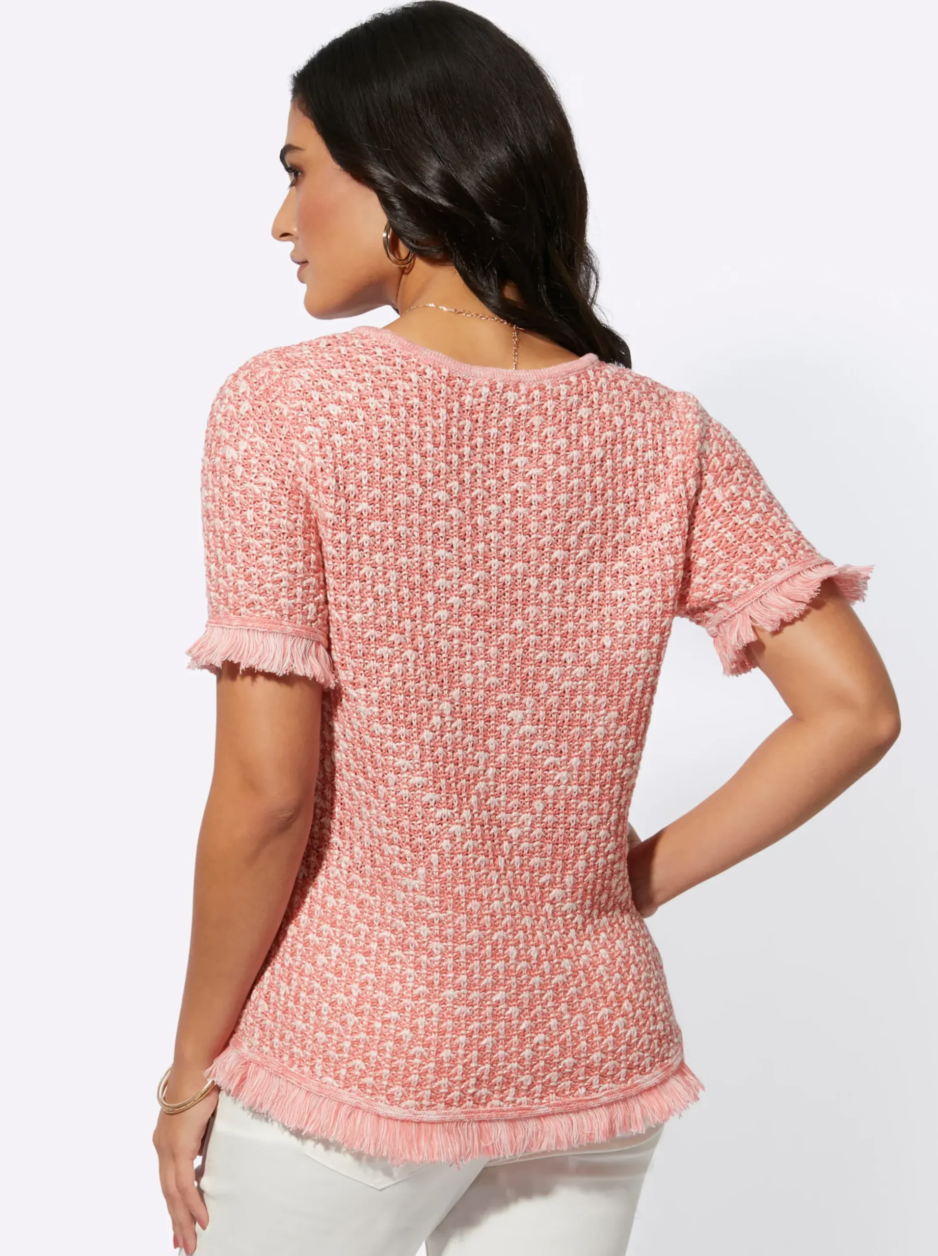 Pullover| Kurzarmpullover mit Fransenabschluss flamingo-ecru-gemustert