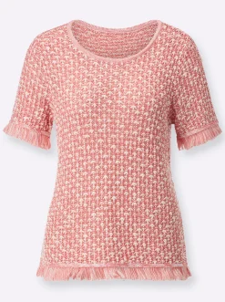 Pullover| Kurzarmpullover mit Fransenabschluss flamingo-ecru-gemustert