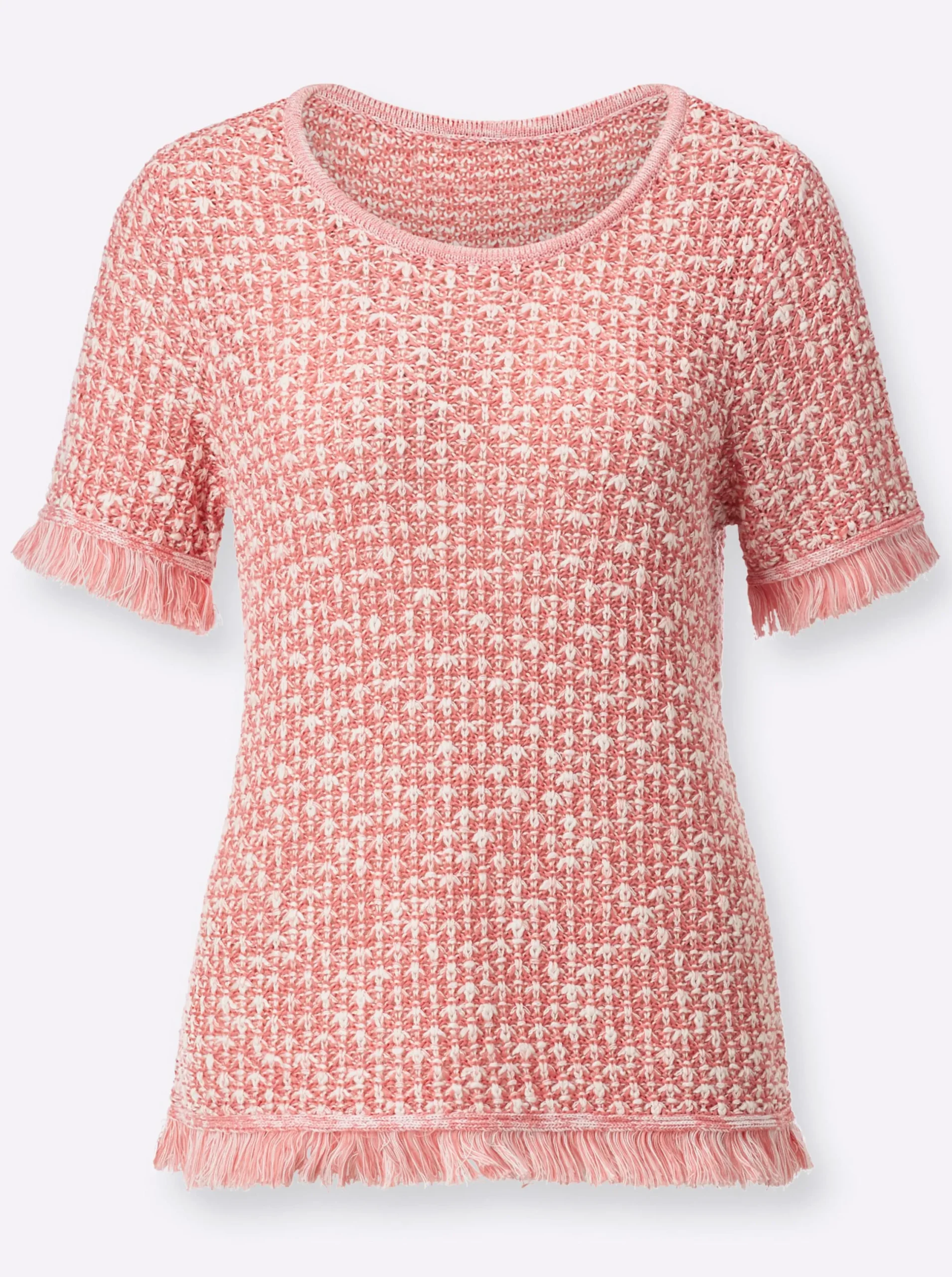 Pullover| Kurzarmpullover mit Fransenabschluss flamingo-ecru-gemustert