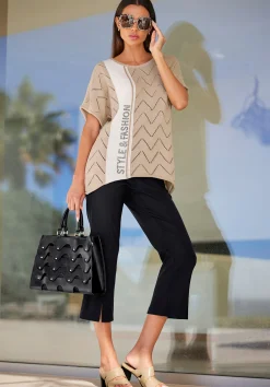 Pullover|heine Kurzarmpullover mit Schriftzug und Ziersteinchen beige-ecru-gemustert
