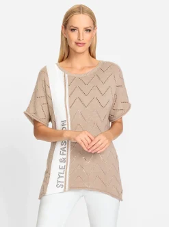 Pullover|heine Kurzarmpullover mit Schriftzug und Ziersteinchen beige-ecru-gemustert