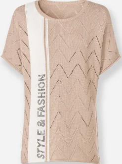 Pullover|heine Kurzarmpullover mit Schriftzug und Ziersteinchen beige-ecru-gemustert