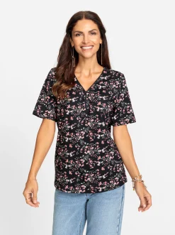 Shirts| Kurzarmshirt schwarz-hellrosé-gemustert