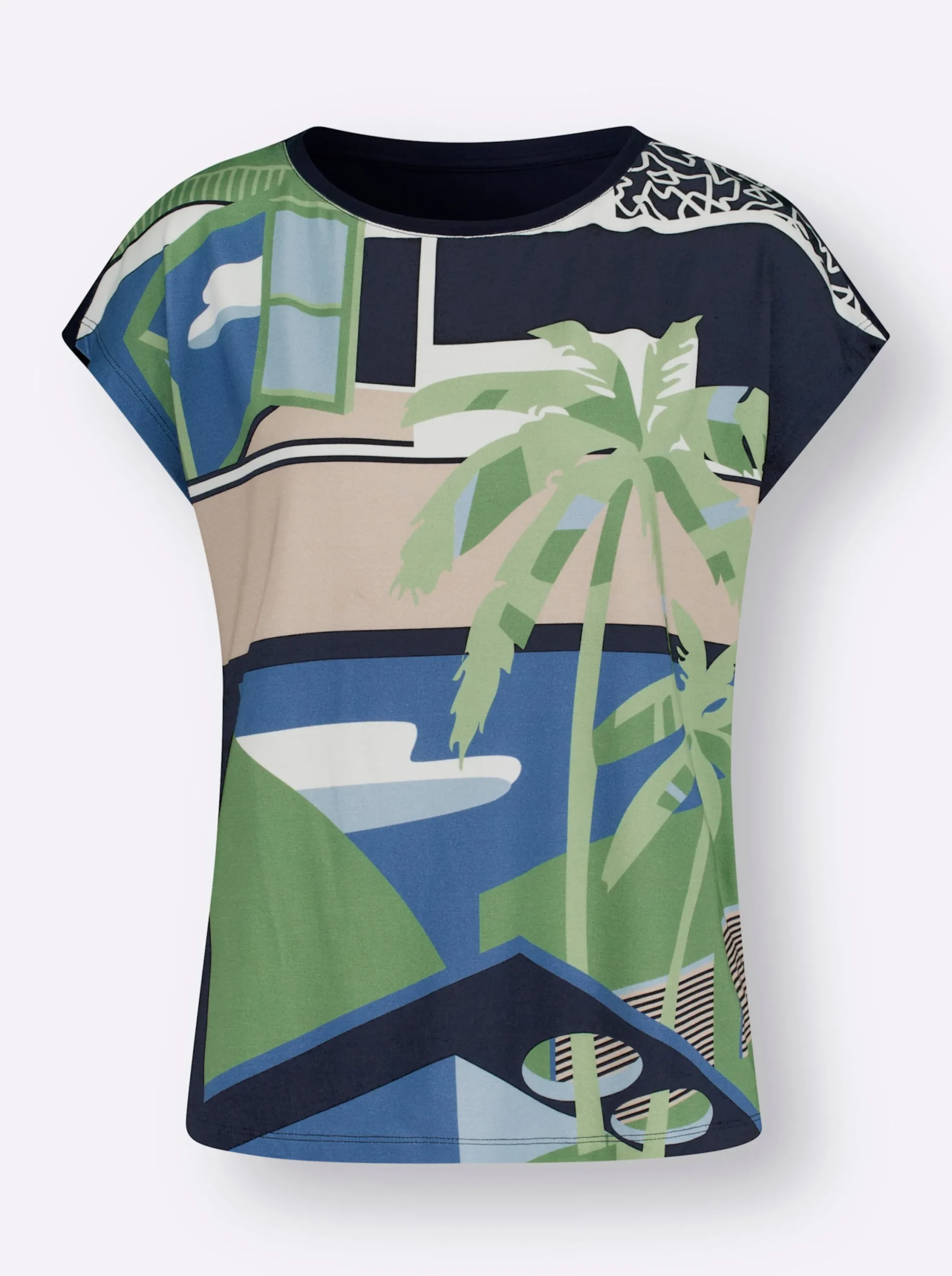 Shirts| Kurzarmshirt hinten länger geschnitten marine-apfel-bedruckt