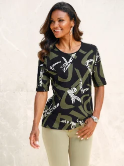 Shirts| Kurzarmshirt im Muster-Mix schwarz-oliv-bedruckt