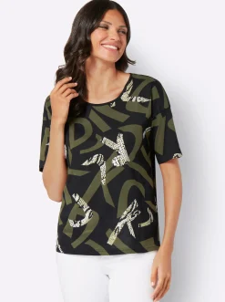 Shirts| Kurzarmshirt im Muster-Mix schwarz-oliv-bedruckt