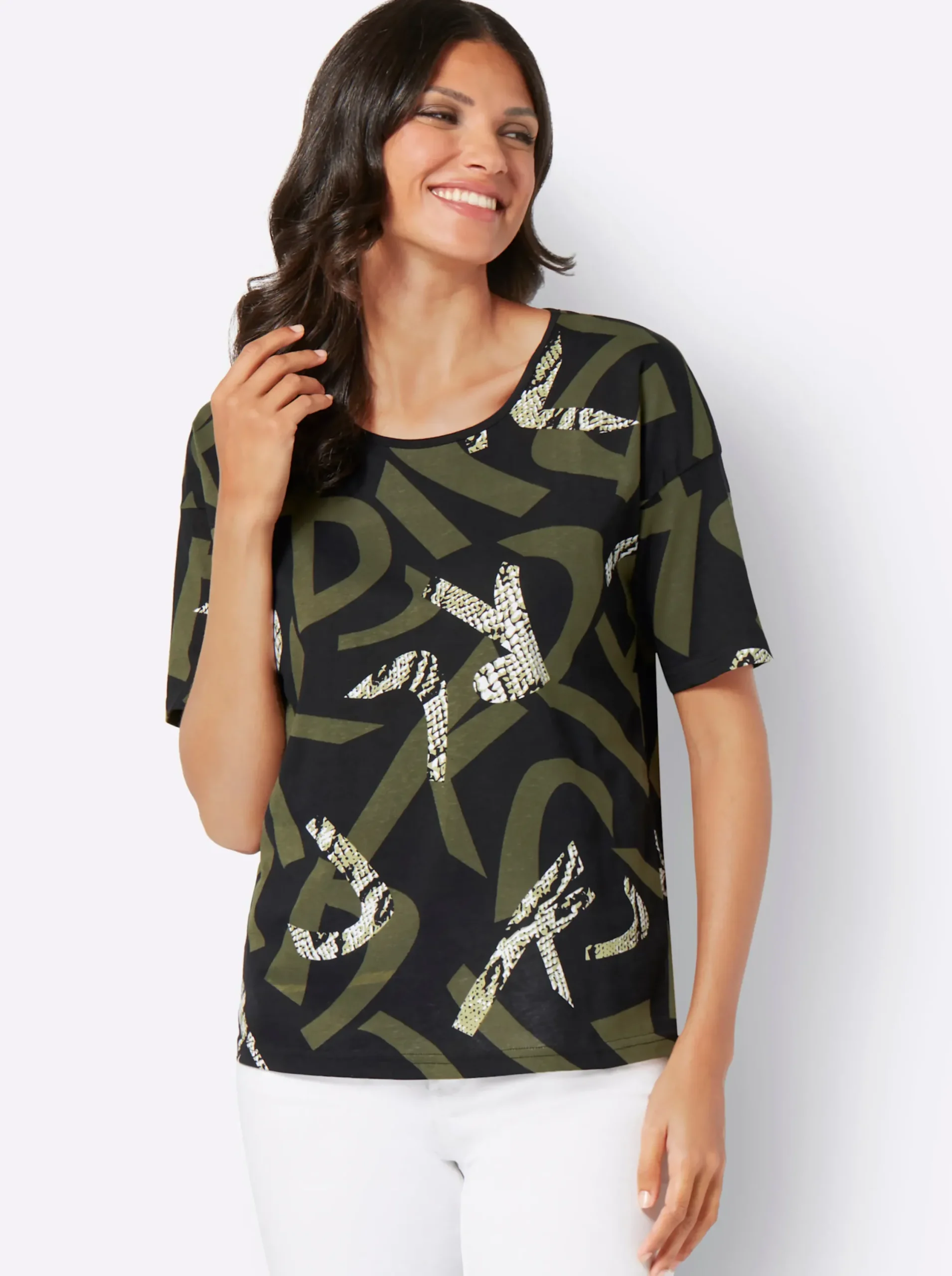 Shirts| Kurzarmshirt im Muster-Mix schwarz-oliv-bedruckt