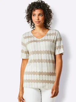 Shirts|CREATION L PREMIUM Kurzarmshirt in atmungsaktiver Qualität beige-weiß-bedruckt